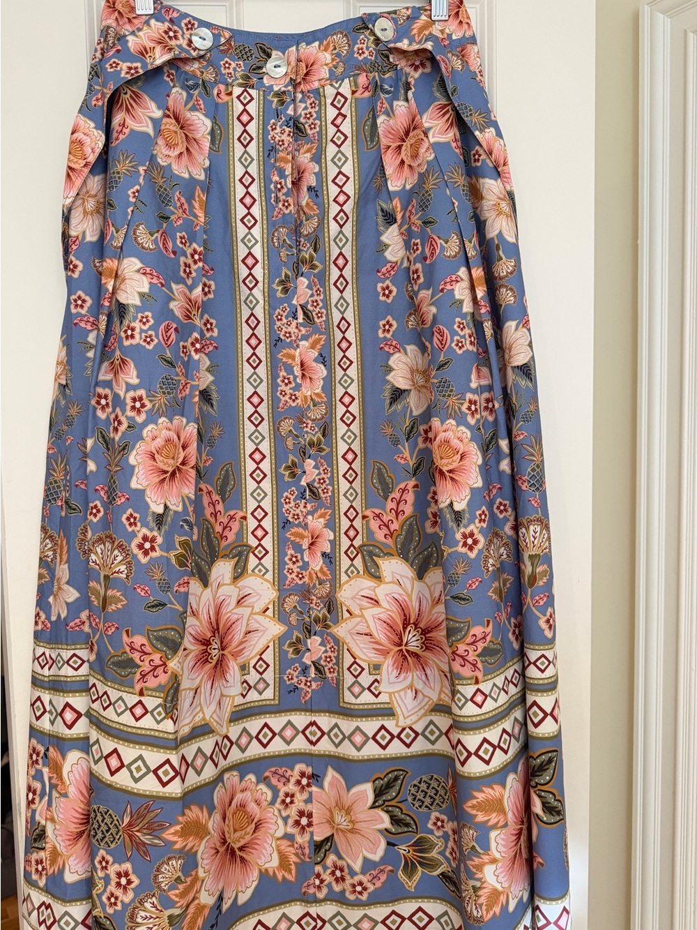 Farm rio Blue Floral Maxi Skirt with Pink Bloom Print